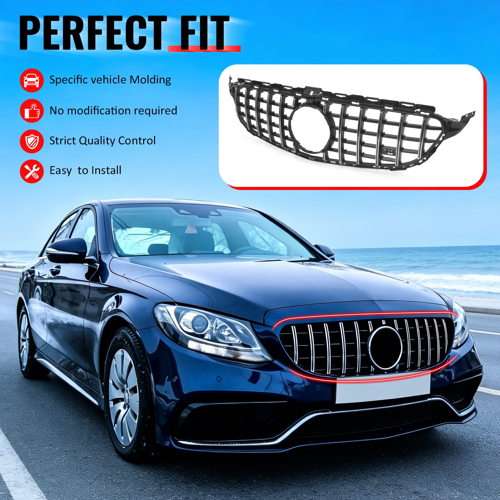 IKON MOTORSPORTS Front Upper Grille, Compatible with 2015-2018 Mercedes-Benz W205 C-Class C300 C350e C400 C450 AMG C205 A205, GT Style Unpainted + Chrome ABS Replacement Clip-on Front Mesh Grille