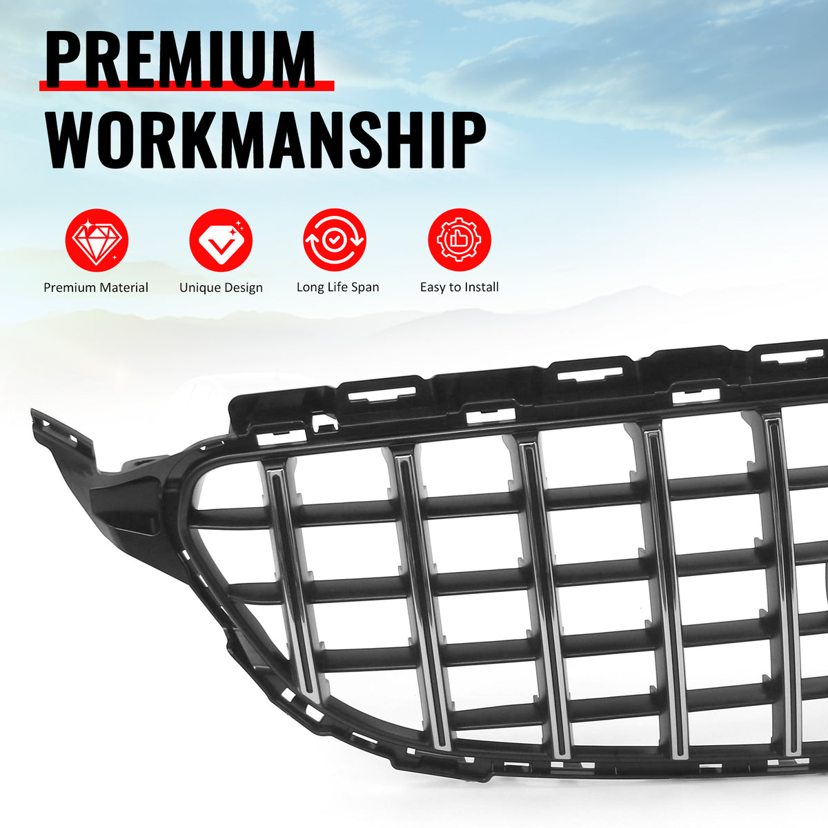 Fits 15-18 Benz W205 C350e C450 AMG GT Style Upper Grille Unpainted & Chrome ABS