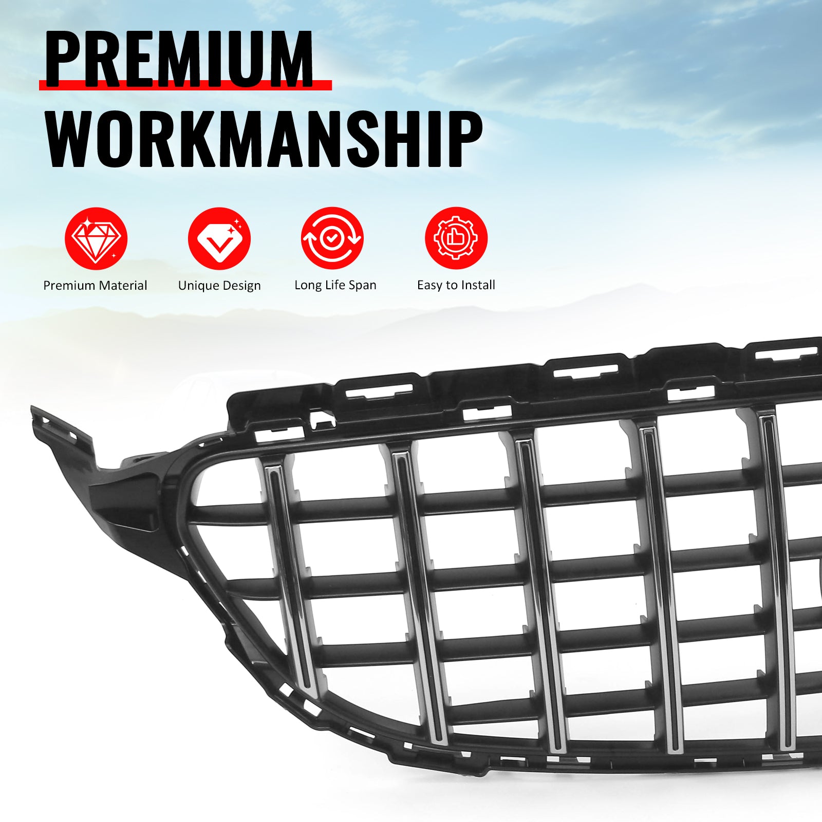 Fits 15-18 Benz W205 C350e C450 AMG GT Style Upper Grille Unpainted & Chrome ABS