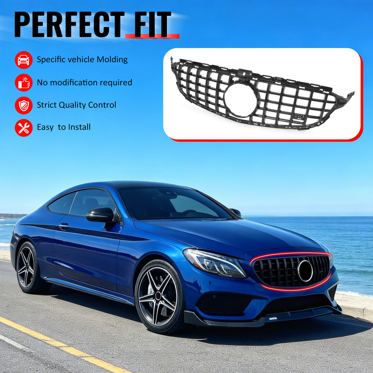 IKON MOTORSPORTS Front Upper Grille, Compatible with 2015-2018 Mercedes-Benz W205 C-Class C300 C350e C400 C450 AMG C205 A205, GT Style Gloss Black ABS Replacement Clip-on Front Bumper Mesh Grill