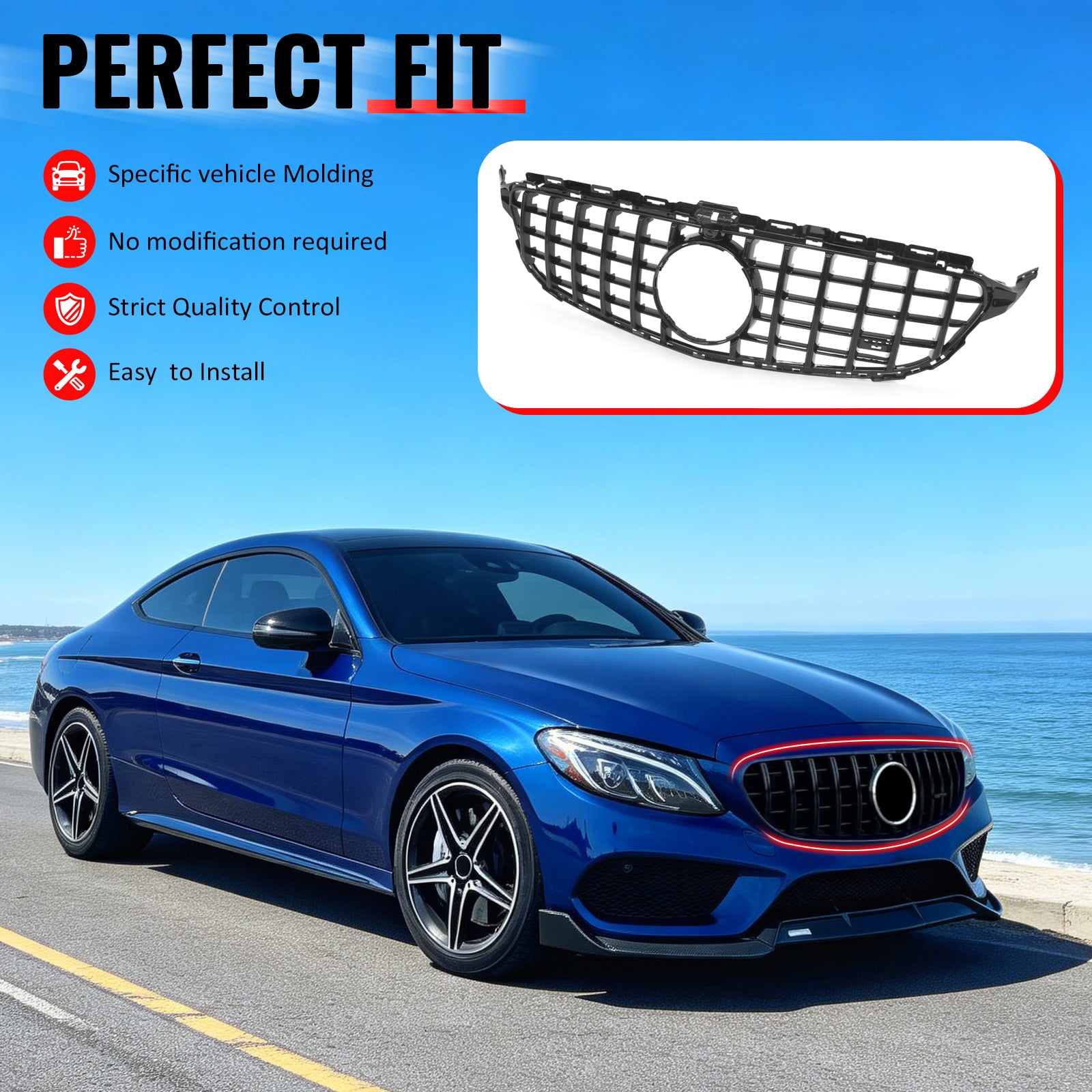IKON MOTORSPORTS Front Upper Grille, Compatible with 2015-2018 Mercedes-Benz W205 C-Class C300 C350e C400 C450 AMG C205 A205, GT Style Gloss Black ABS Replacement Clip-on Front Bumper Mesh Grill