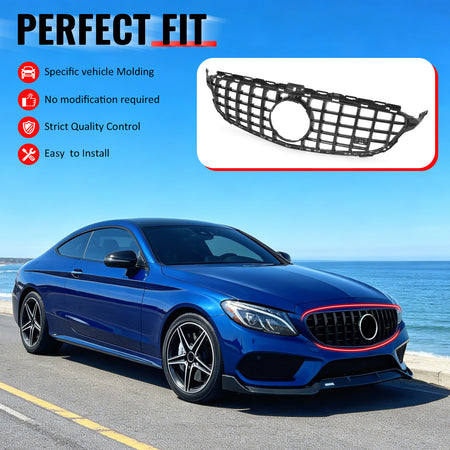 IKON MOTORSPORTS Front Upper Grille, Compatible with 2015-2018 Mercedes-Benz W205 C-Class C300 C350e C400 C450 AMG C205 A205, GT Style Gloss Black ABS Replacement Clip-on Front Bumper Mesh Grill