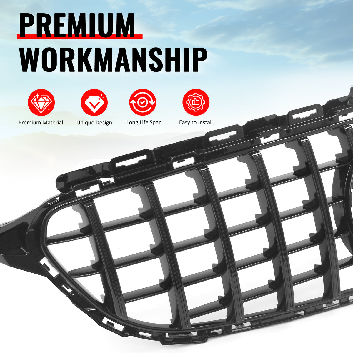 Fits 15-18 Benz W205 C350e C450 AMG GT Style Front Upper Grille Gloss Black ABS