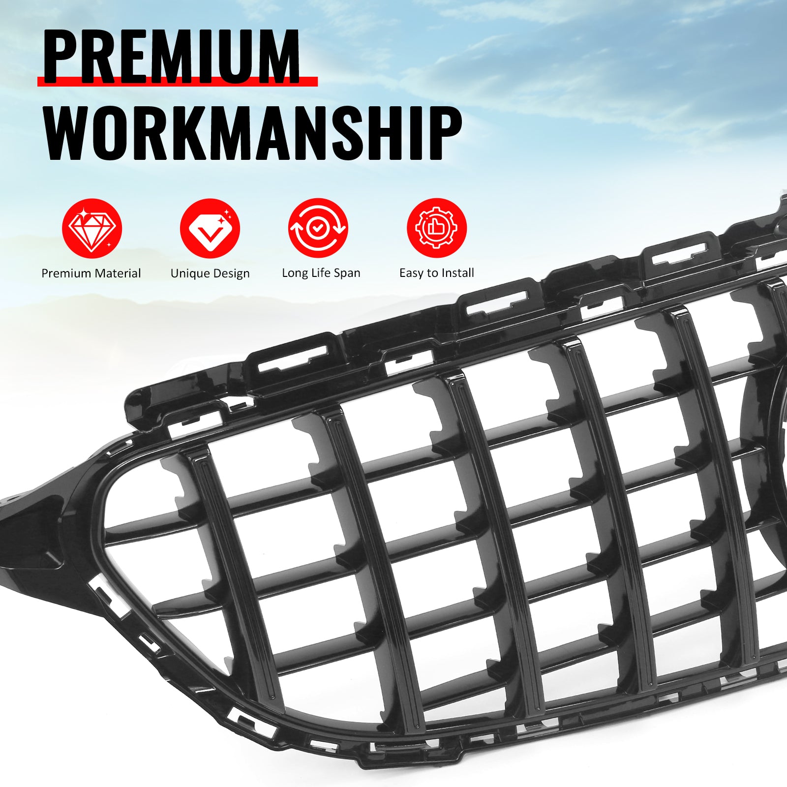 Fits 15-18 Benz W205 C350e C450 AMG GT Style Front Upper Grille Gloss Black ABS
