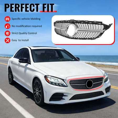 IKON MOTORSPORTS Front Upper Grille, Compatible with 2019-2021 Mercedes-Benz W205 C-Class C300 C43 AMG Sedan 4-Door, Diamond Style Unpainted + Chrome + Silver ABS Replacement Clip-on Front Mesh Grille
