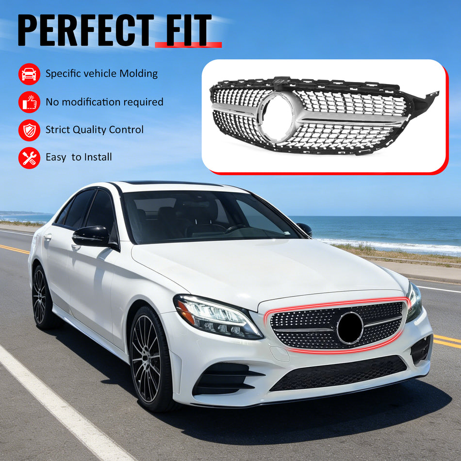 IKON MOTORSPORTS Front Upper Grille, Compatible with 2019-2021 Mercedes-Benz W205 C-Class C300 C43 AMG Sedan 4-Door, Diamond Style Unpainted + Chrome + Silver ABS Replacement Clip-on Front Mesh Grille
