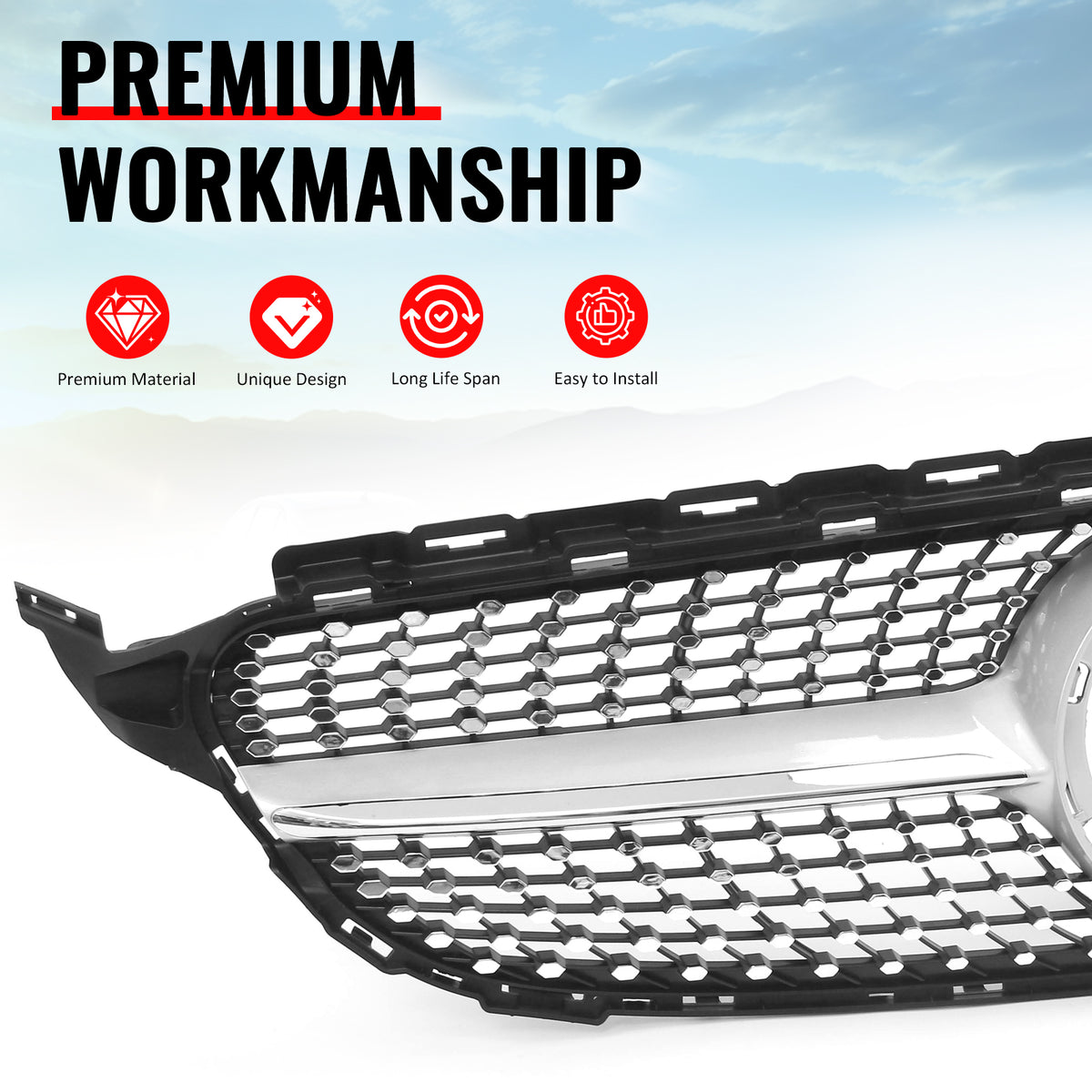 Fits 19-21 Benz W205 C300 C43 AMG Diamond Front Upper Grille Unpainted & Chrome