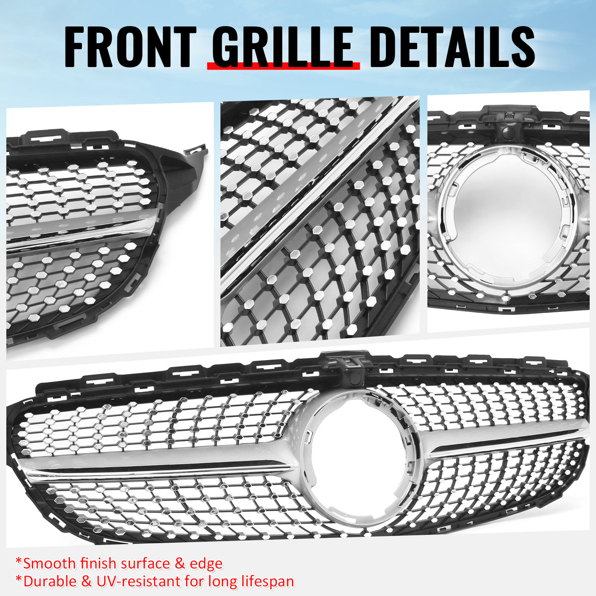Fits 19-21 Benz W205 C300 C43 AMG Diamond Front Upper Grille Unpainted & Chrome