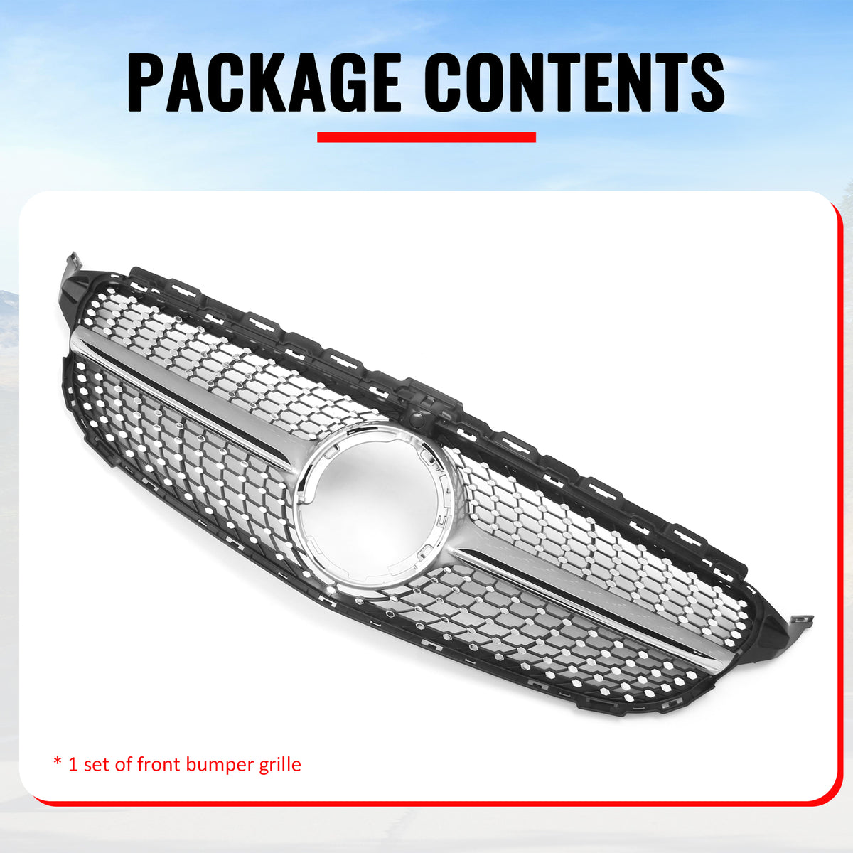 Fits 19-21 Benz W205 C300 C43 AMG Diamond Front Upper Grille Unpainted & Chrome