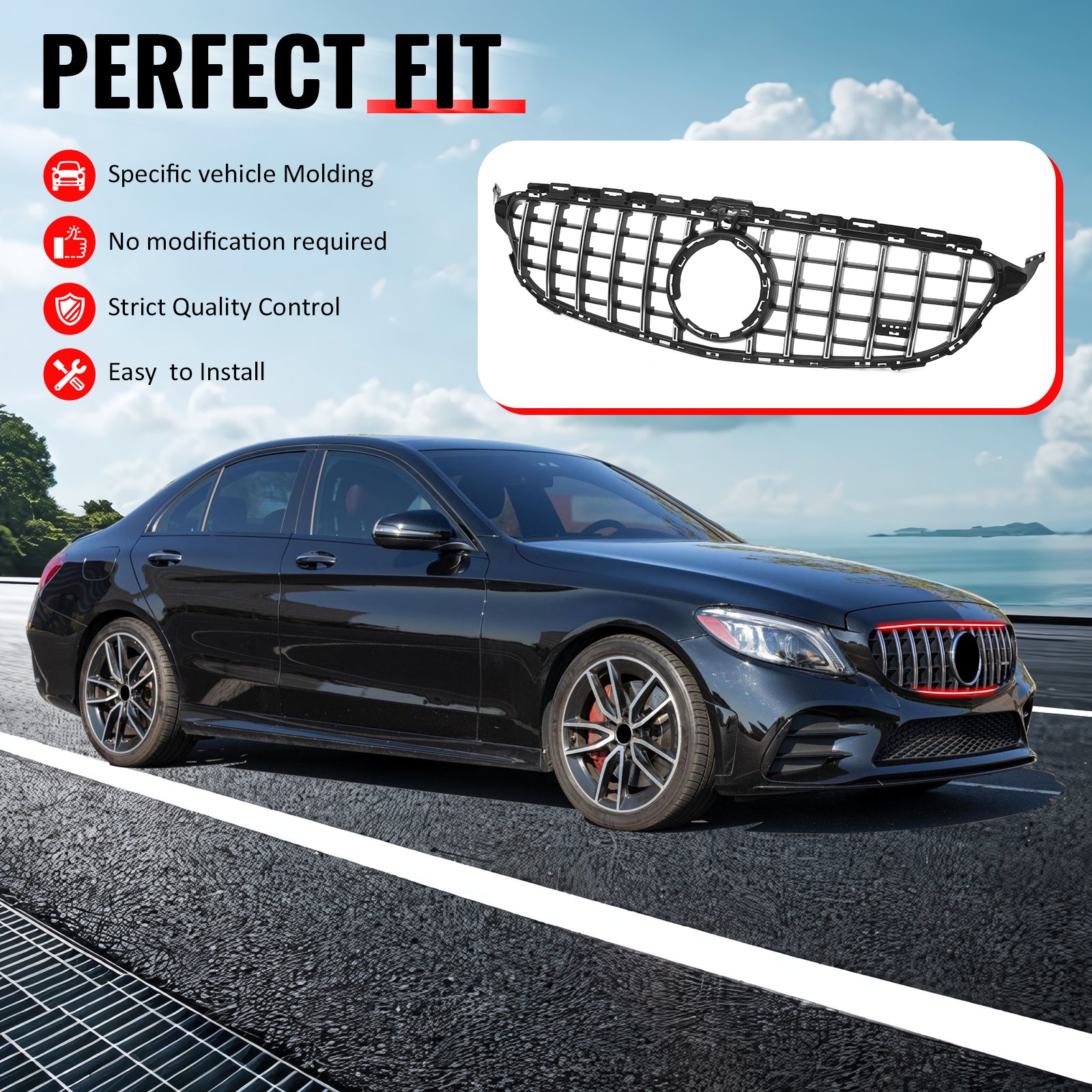 IKON MOTORSPORTS Front Upper Grille, Compatible with 2019-2021 Mercedes-Benz W205 C-Class C300 C43 AMG Sedan 4-Door, GT Style Unpainted Black + Chrome ABS Replacement Clip-on Front Bumper Mesh Grille
