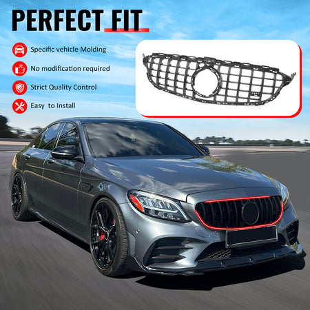 IKON MOTORSPORTS Front Upper Grille, Compatible with 2019-2021 Mercedes-Benz W205 C-Class C300 C43 AMG Sedan 4-Door 4DR, GT Style Gloss Black ABS Replacement Clip-on Front Bumper Mesh Grill