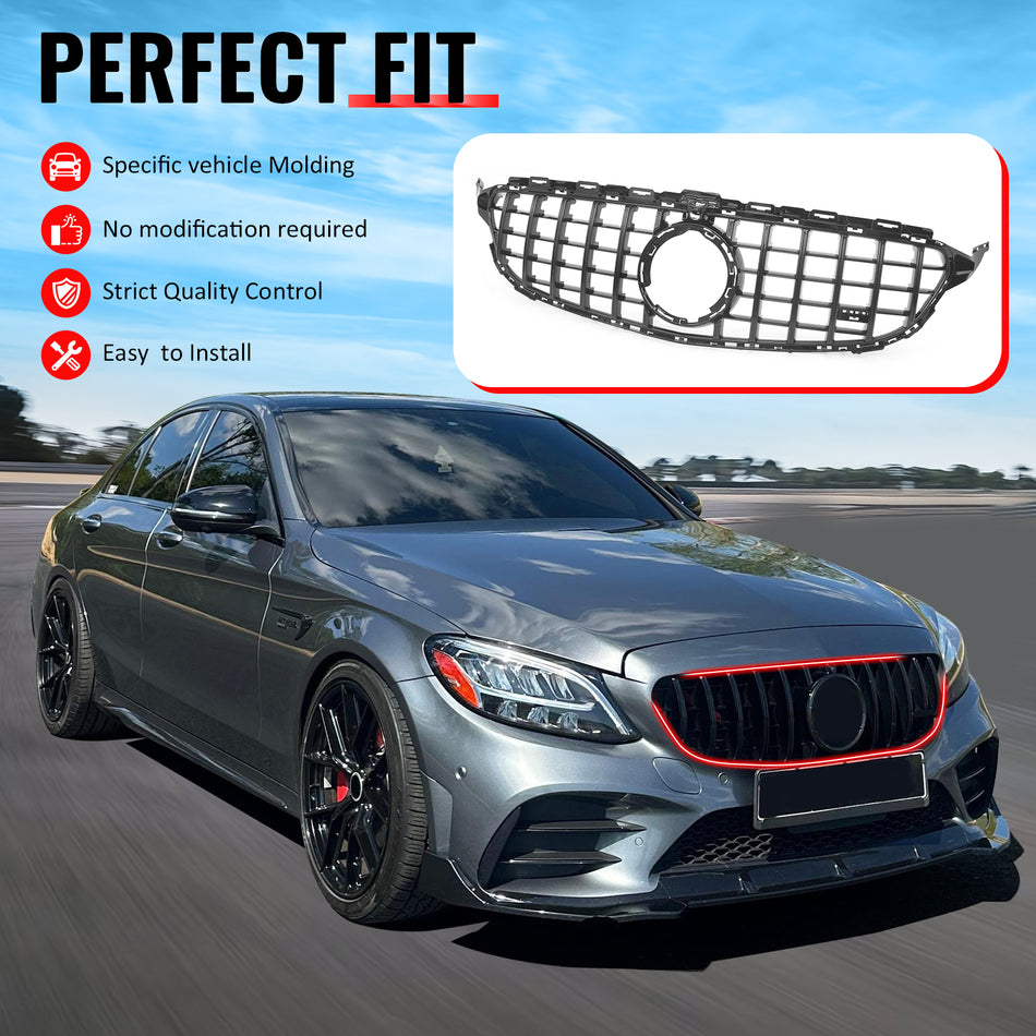 IKON MOTORSPORTS Front Upper Grille, Compatible with 2019-2021 Mercedes-Benz W205 C-Class C300 C43 AMG Sedan 4-Door 4DR, GT Style Gloss Black ABS Replacement Clip-on Front Bumper Mesh Grill
