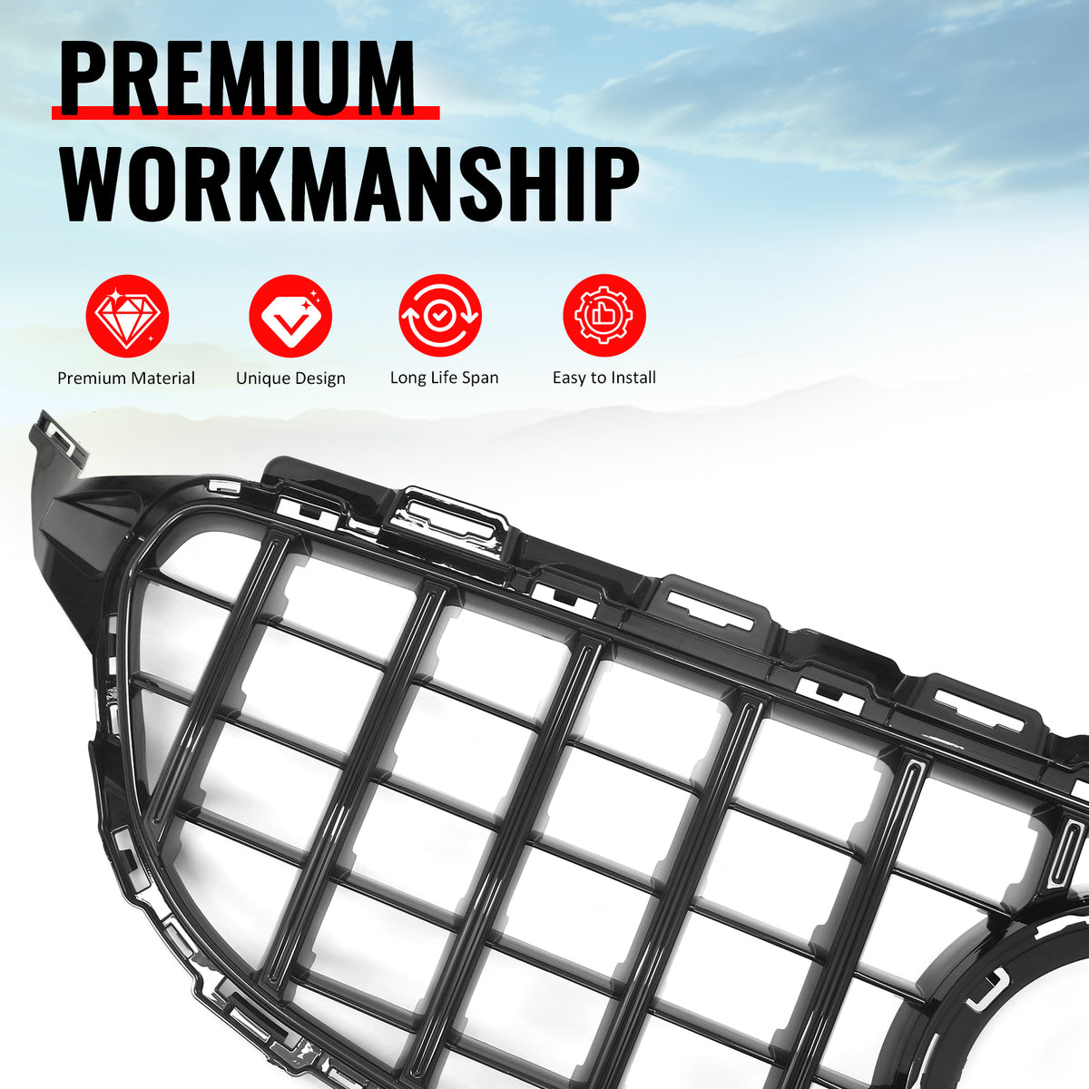 Fits 19-21 Benz W205 C300 C43 AMG GT Style Front Upper Grille Gloss Black ABS