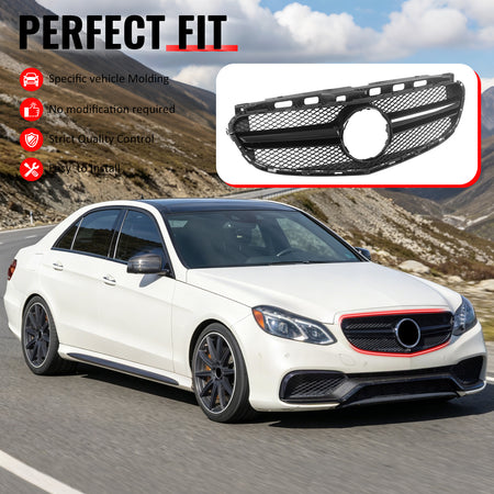 Fits 14-16 Benz E-Class W212 S212 E63 Style Front Upper Grille W/Gloss Black Bar