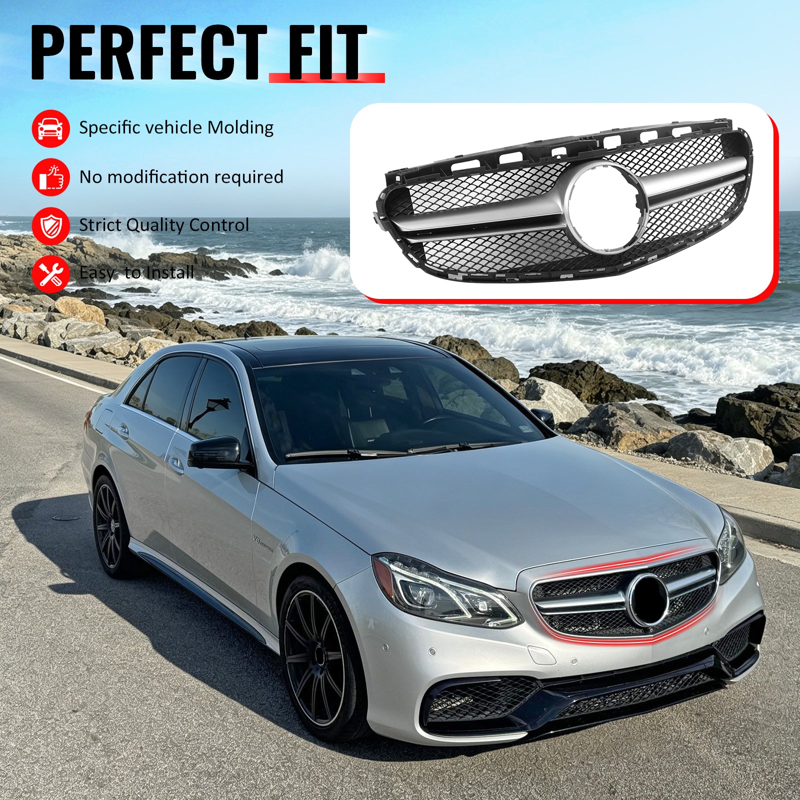 Fits 14-16 Benz E-Class W212 S212 E63 Style Front Upper Mesh Grille W/Silver Bar
