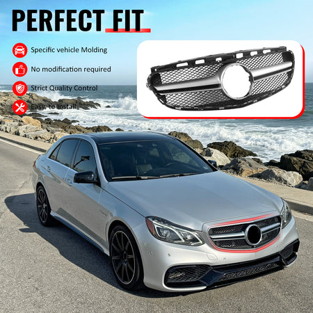 Fits 14-16 Benz E-Class W212 S212 E63 Style Front Upper Mesh Grille W/Silver Bar
