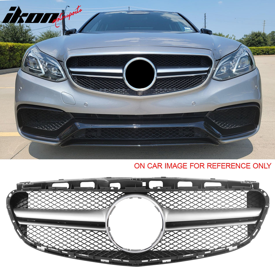 2014-2016 Mercedes-Benz E-Class W212 Sedan & S212 Wagon Front Bumper Hood Upper Mesh Grille Replacement W/Silver Bar E63 Style ABS