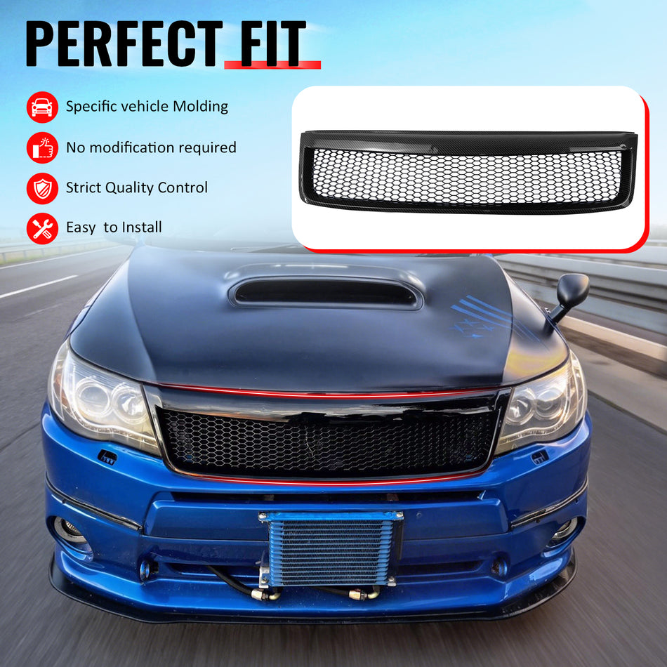 IKON MOTORSPORTS Front Upper Grille, Compatible with 2009-2013 Subaru Forester, Honeycomb Style Carbon Fiber Print ABS Replacement Front Bumper Hood Grill
