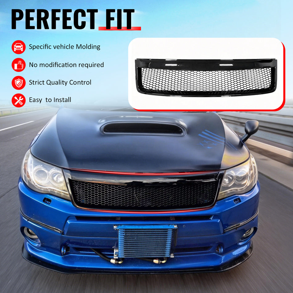 IKON MOTORSPORTS Front Upper Grille, Compatible with 2009-2013 Subaru Forester, Honeycomb Style Gloss Black ABS Replacement Front Bumper Hood Grill