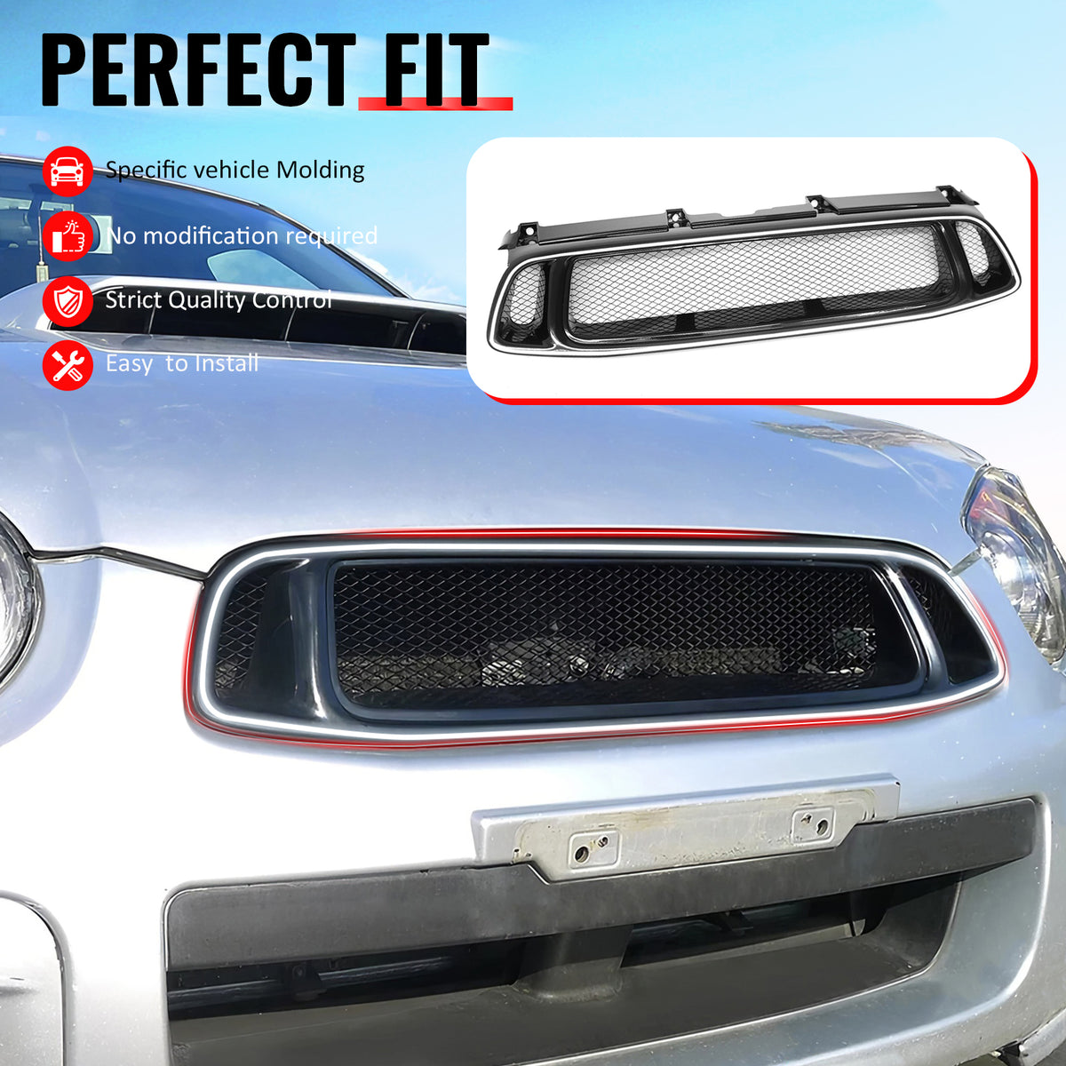 Fit 2004-2005 Subaru Impreza Front Upper Grille W/ Light WRX STI Mesh Style