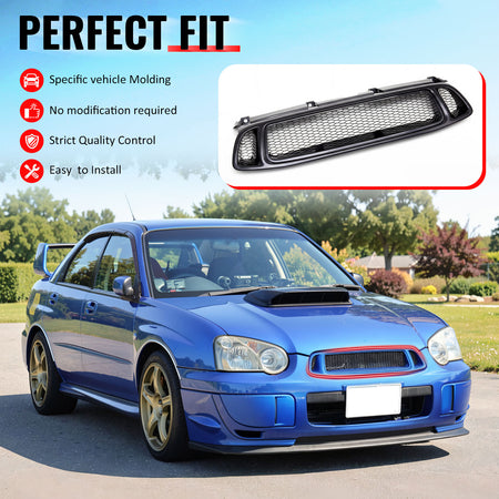 IKON MOTORSPORTS Front Upper Grille, Compatible with 2004-2005 Subaru Impreza, WRX STI Mesh Style Black Replacement Front Bumper Hood Grill