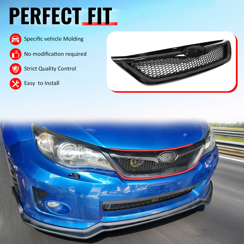 IKON MOTORSPORTS Front Upper Grille, Compatible with 2011-2014 Subaru Impreza WRX & WRX STI, Honeycomb Style Gloss Black ABS Replacement Front Bumper Hood Grill