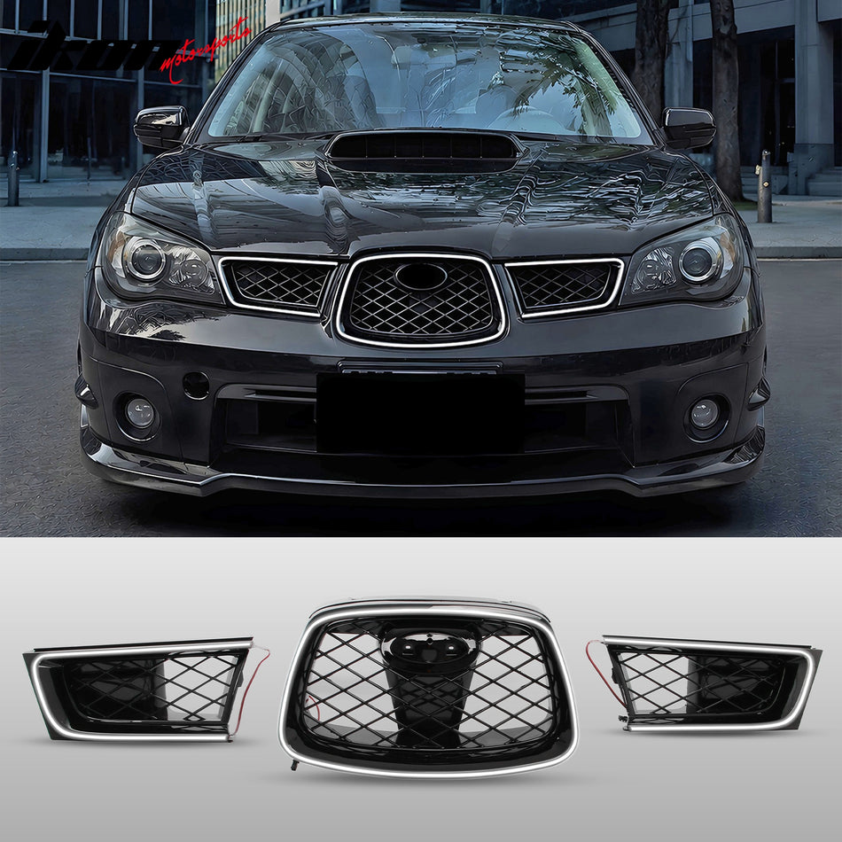 2006-2007 Subaru Impreza OE Sytle Front Bumper Upper Grille with LED Light Gloss Black ABS