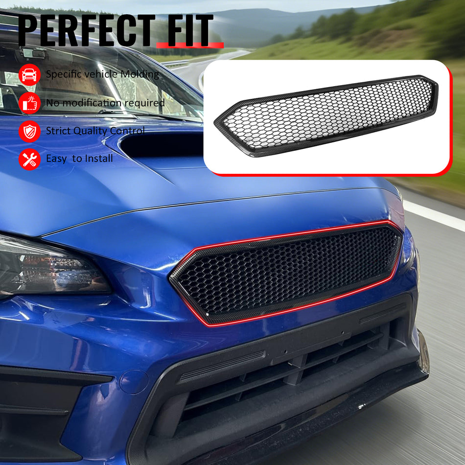 IKON MOTORSPORTS Front Upper Grille, Compatible with 2018-2021 Subaru WRX & WRX STI, Honeycomb Style Carbon Fiber Print PP Replacement Front Bumper Grill