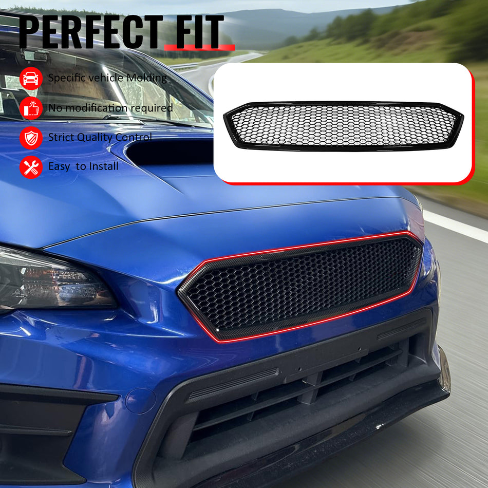 IKON MOTORSPORTS Front Upper Grille, Compatible with 2018-2021 Subaru WRX & WRX STI, Honeycomb Style Gloss Black PP Replacement Front Bumper Grill