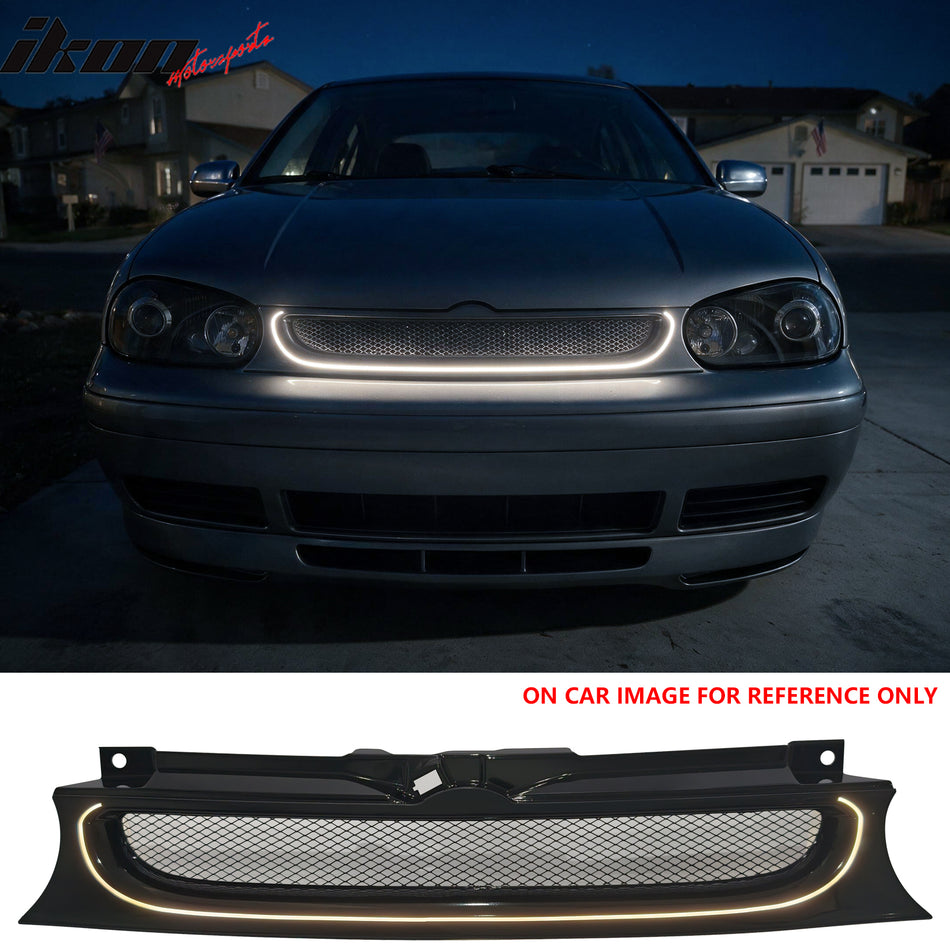 Front Bumper Upper Grille w/ LED Light for 1999-2006 VW Golf/GTI/R32 MK4 Mesh Style Black