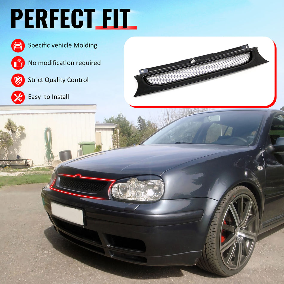 IKON MOTORSPORTS Front Upper Grille, Compatible with 1999-2006 Volkswagen Golf/GTI/R32 MK4, Mesh Style Black Replacement Front Bumper Hood Grill