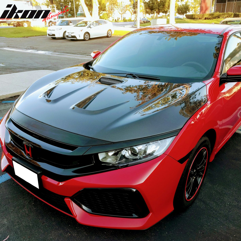 Front Hood Bonnet Lip Compatible With 2016-2018 Honda Civic, Matte Black Bumper Bonnet Lip Guards Cover Vent By IKON MOTORSPORTS, 2017