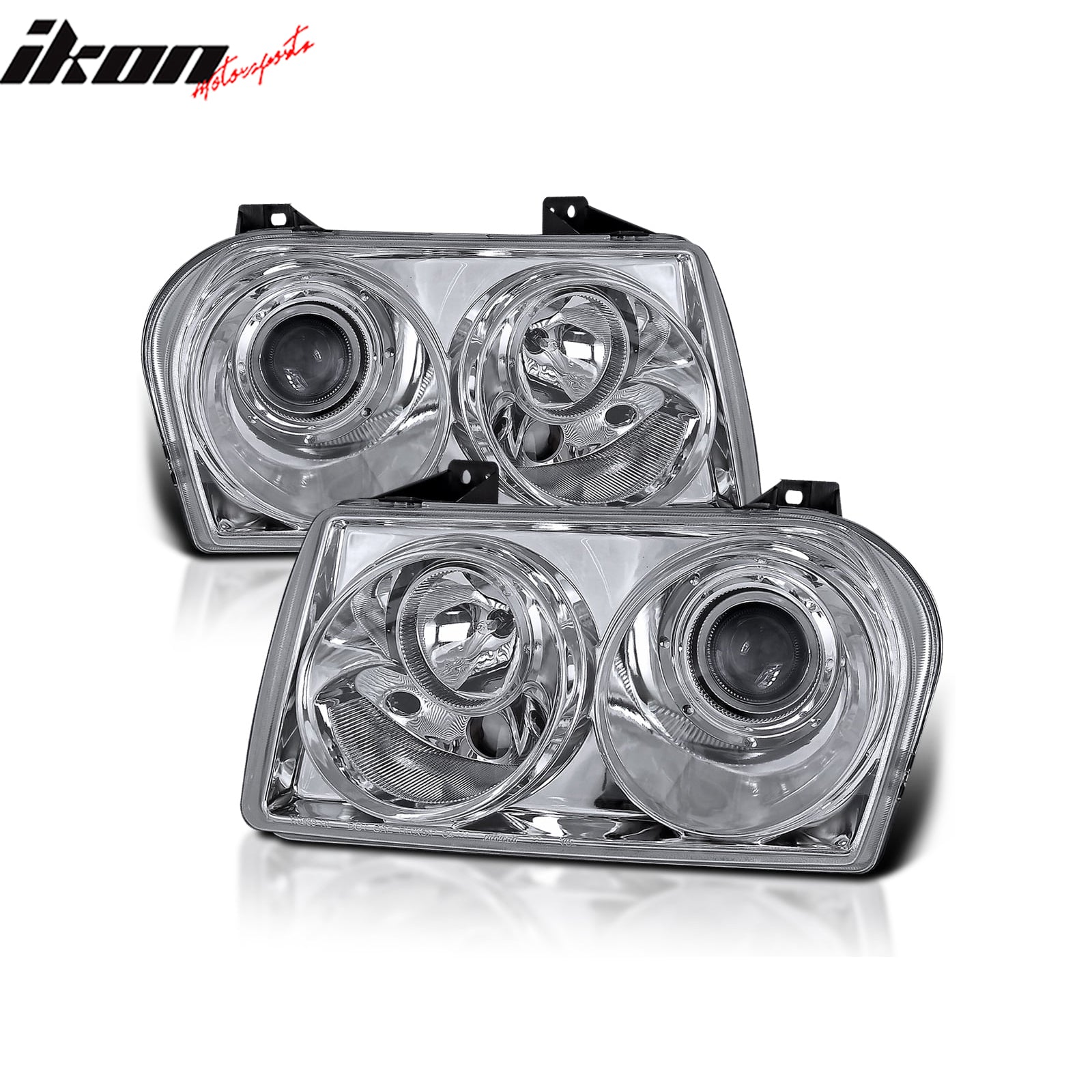 IKON MOTORSPORTS Projector Headlights Assembly, Compatible with 2005-2010 Chrysler 300, Clear Chrome Front Bumper Driving Head Lamp, Pair