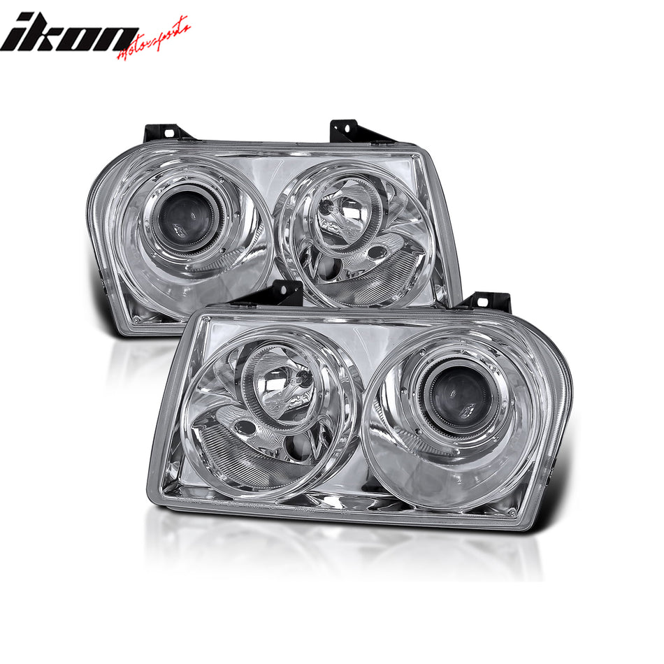 IKON MOTORSPORTS Projector Headlights Assembly, Compatible with 2005-2010 Chrysler 300, Clear Chrome Front Bumper Driving Head Lamp, Pair