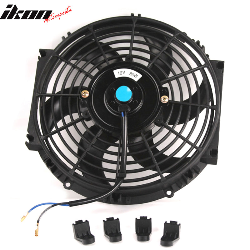 IKON MOTORSPORTS, Cooling Fan Compatible With Universial Fitment, 10 in Black Plastic Slim Pull / Push Electric Radiator Engine Bay Cooling Fan W/ Mount Kit