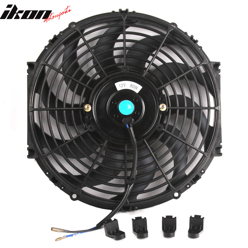 IKON MOTORSPORTS, Cooling Fan Compatible With Universial Fitment, 12 in Black Plastic Slim Pull / Push Electric Radiator Engine Bay Cooling Fan W/ Mount Kit
