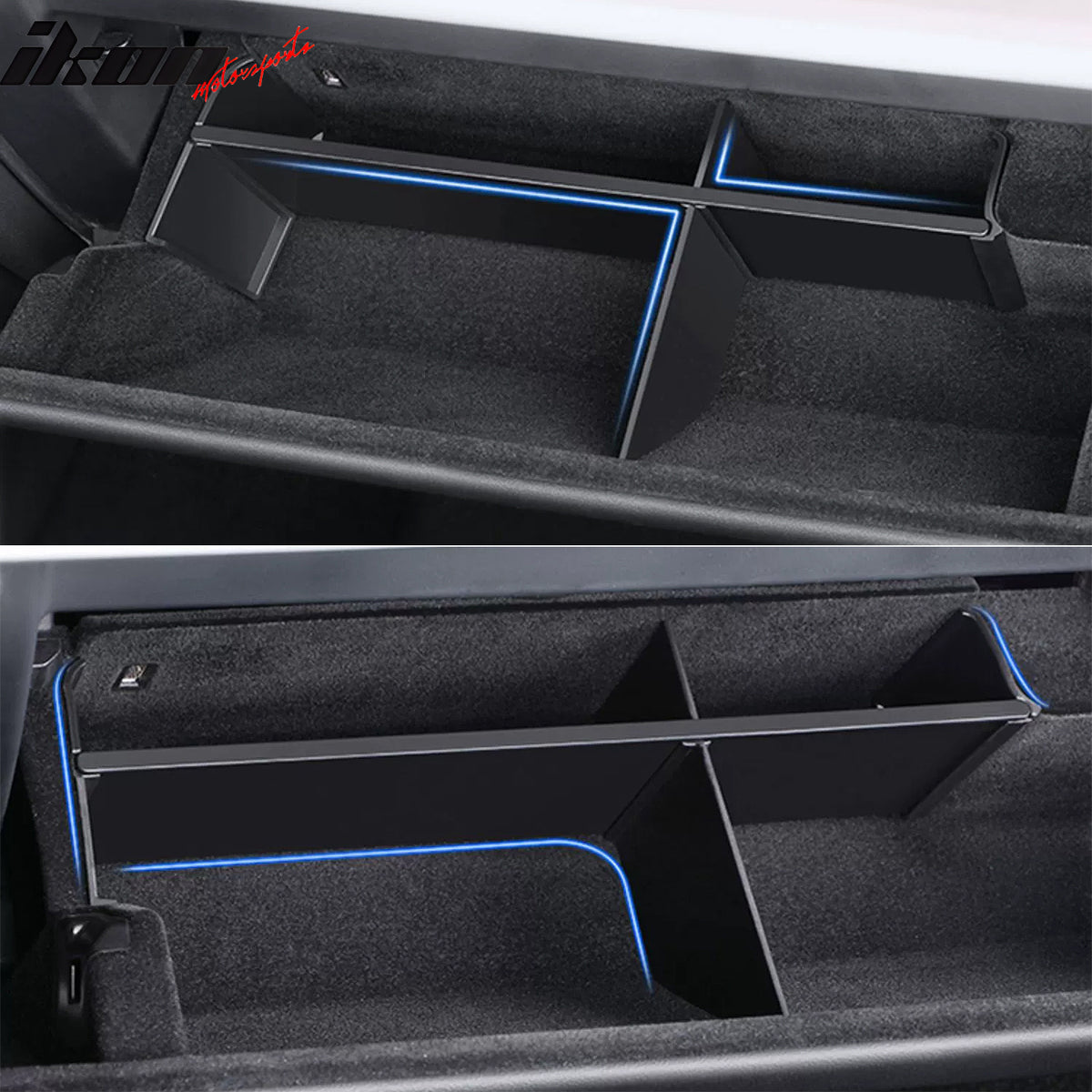 IKON MOTORSPORTS, Glove Box Organizer Partition Plate Compatible With 2022-2024 Tesla Model Y, Black PP Front Glove Box Organizer Compartment Tray Interior Accessories 4PCS