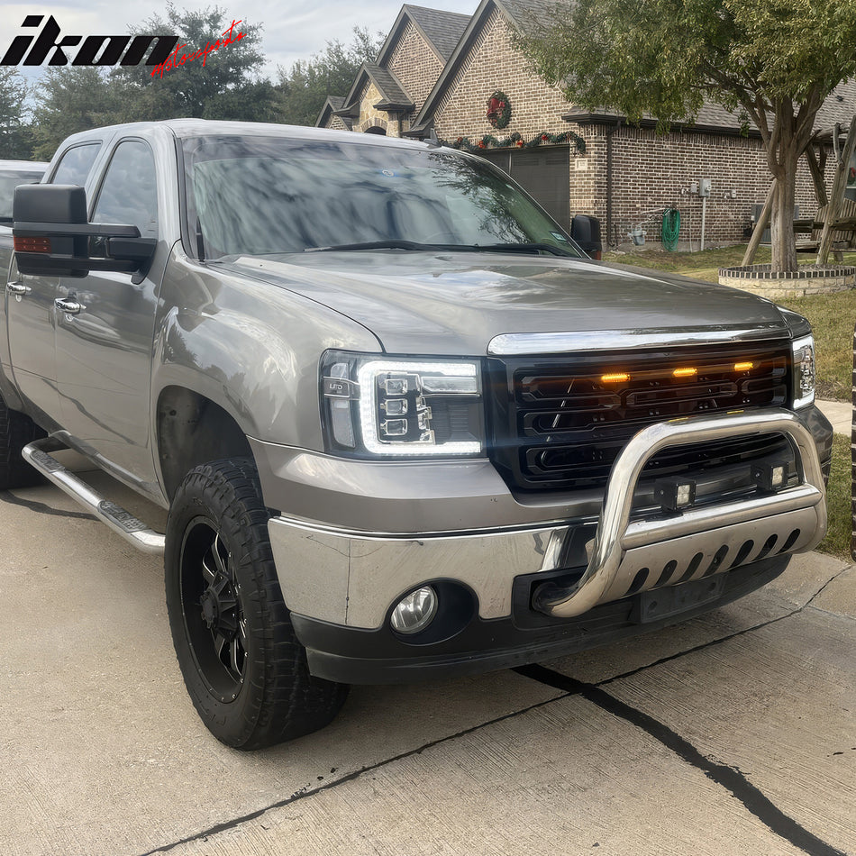 IKON MOTORSPORTS LED Grille Lights Compatible With GMC Sierra 1500 2500 3500 & Chevrolet Silverado 1500 & LD 2500 3500 & HD, 3PCS Amber LED Grill Light Replacement With Wiring Harness