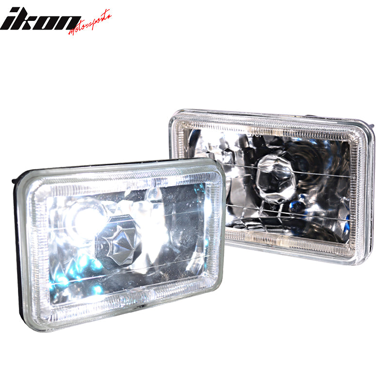 Headlights Compatible With vehicle with 6"x4" Sealed Beam Square Projector Headlight Headlamp Set White Halo H4 Driving Light by IKON MOTORSPORTS, 1997 1998 1999 2000 2001 2002 2003