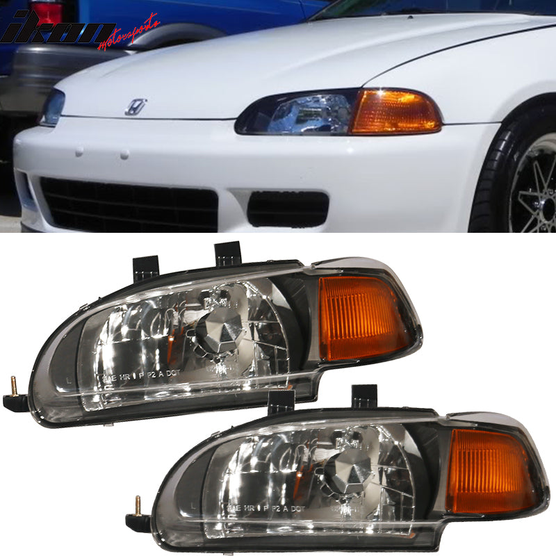 1992-1995 Honda Civic 2Dr 3Dr JDM Style Black Amber Headlights