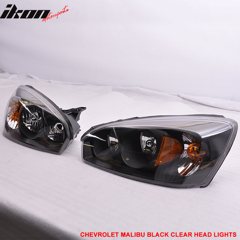 Headlights Compatible With 2004-2008 Chevy Malibu, Headlights Lamp Black Clear Lens Amber Reflctors Pair by IKON MOTORSPORTS, 2005 2006 2007