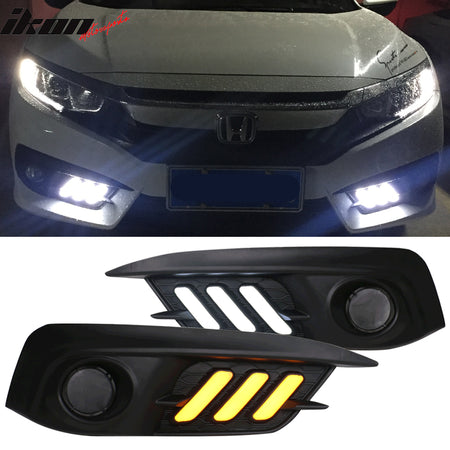 Fits 16-18 Honda Civic Coupe Sedan LED Amber & White Fog light Bezels Covers