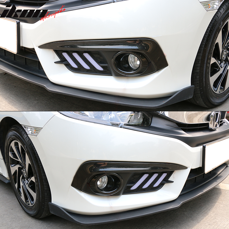 IKON MOTORSPORTS, Fog Light Cover Compatible With 2016-2018 Honda Civic, Black CF Look Fog Light Lamps Cover