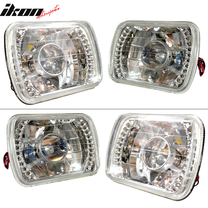 IKON MOTORSPORTS Headlights, UNIVERSAL FITMENT, 7" X 6" SQUARE PROJECTOR STYLE, Chrome Lamps for Cars