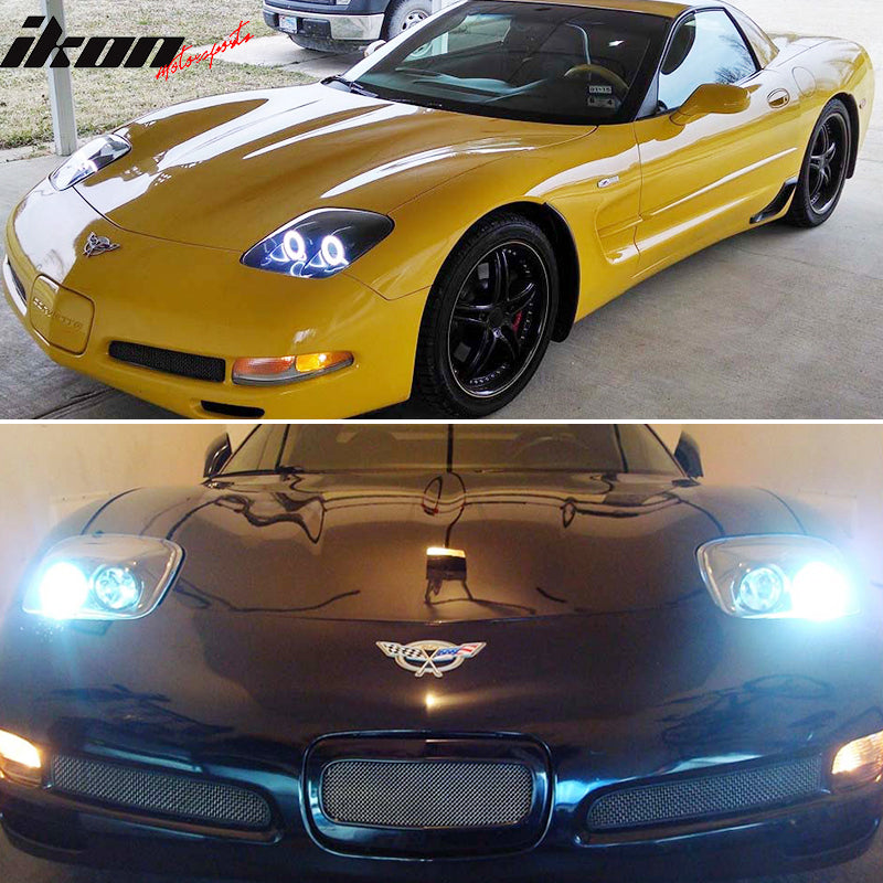 Lights Compatible With 1997-2004 Chevy Corvette C5, Headlights Projector Lamp Black Dual Halo Rims by IKON MOTORSPORTS, 1998 1999 2000 2001 2002 2003