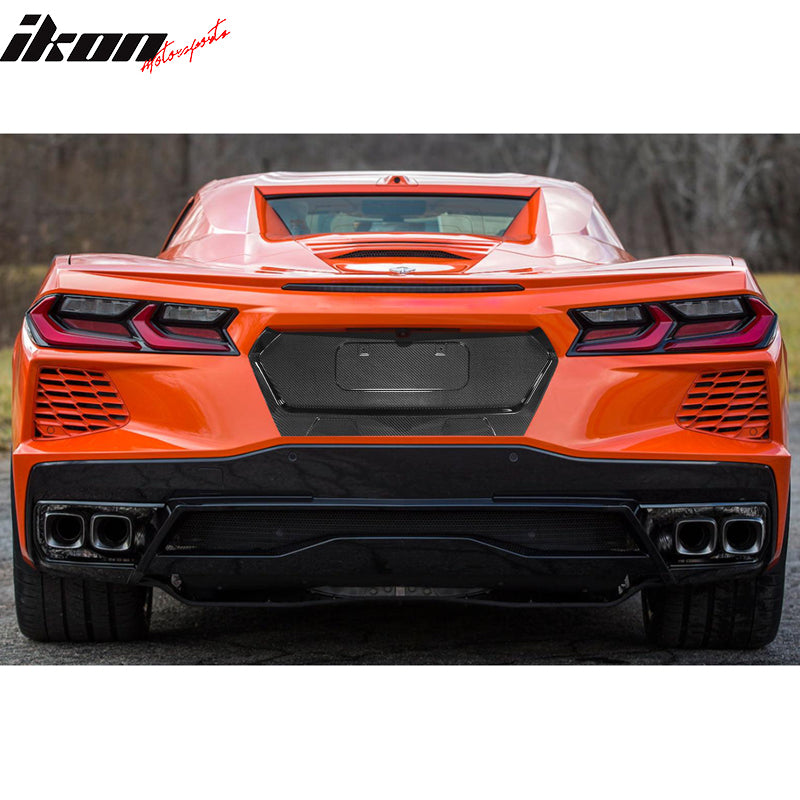 IKON MOTORSPORTS, Rear License Plate Compatible With 2020-2025 Chevrolet Corvette C8 All Models, OE Style Carbon Fiber Gloss Black, 2021 2022