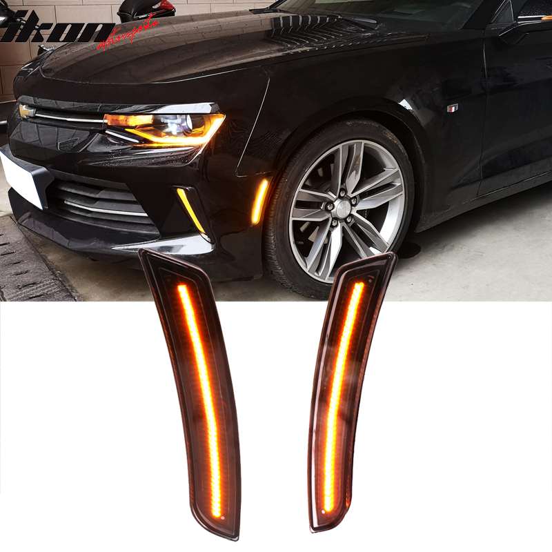 Front Rear Side Marker Lights Compatible With 2016-2023 Chevy Camaro, Black Housing Yellow Red Lights Side Marker Lamps 4PC by IKON MOTORSPORTS