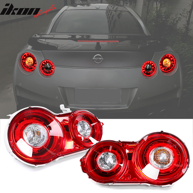 IKON MOTORSPORTS Headlights & Tail Lights, Compatible With 2009-2022 Nissan GTR GT-R R35 Coupe, Factory Style Chrome Head Lamps Red Tail Lights Pair, 2010 2011 2012 2013 2014 2015 2016