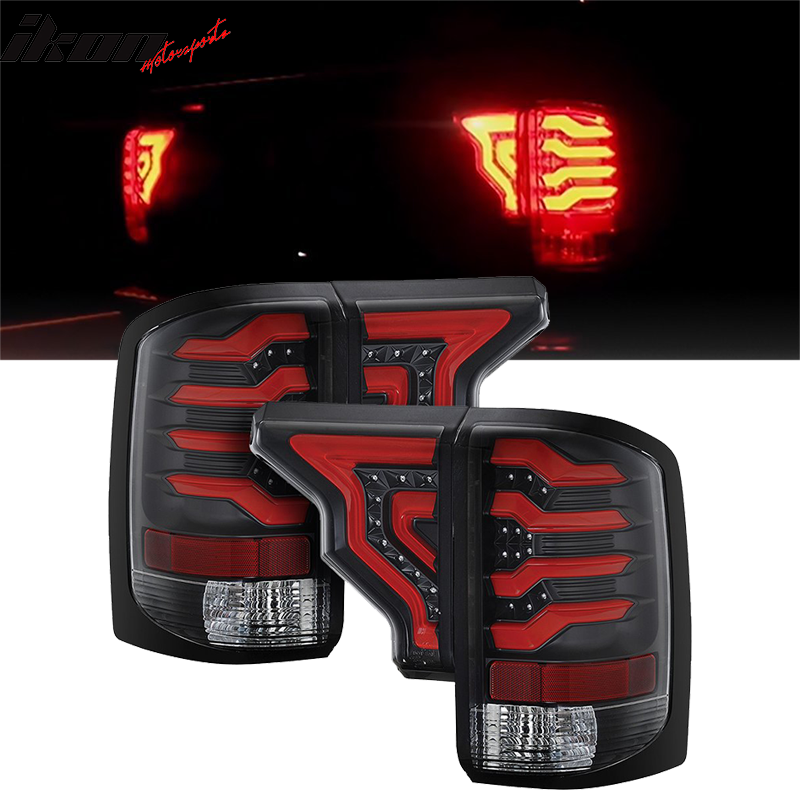 For 2007-2014 GMC Sierra 1500 2500 HD 3D LED C-Tube Tail Light Brake Lamps - Red Lens, Chrome Housing