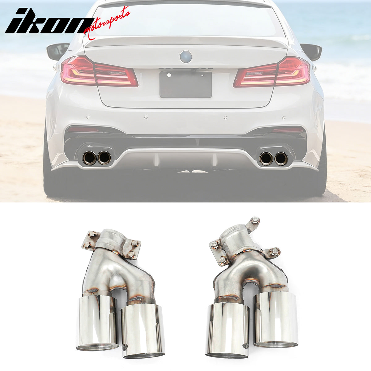 For 17-20 BMW G30 Competition Style Gloss Black Rear Diffuser Silver Exhaust Tip